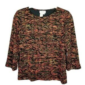 Coldwater Creek Textured Blouse Women's XS Orange Black 3/4 Sleeve Side Vents